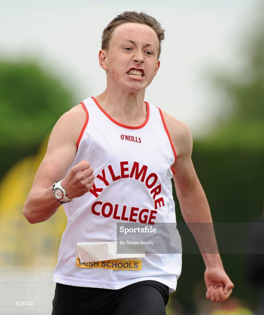 2 June 2012; Sean Lawlor, Kylemore College, Dublin, crosses the line to win the Junior Boys 100m event at the Aviva All Ireland Schools’ Track and Field Championships 2012. Tullamore Harriers AC, Tullamore, Co. Offaly. Picture credit: Tomas Greally / SPORTSFILE