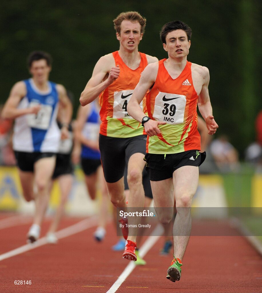 2 June 2012; Eventual winner Mark English, Letterkenny A.C, Co. Donegal, leads his teammate and eventual second place finisher, Darren McBrearty, in the IMC Mens 800m event at the Aviva All Ireland Schools’ Track and Field Championships 2012. Tullamore Harriers AC, Tullamore, Co. Offaly. Picture credit: Tomas Greally / SPORTSFILE