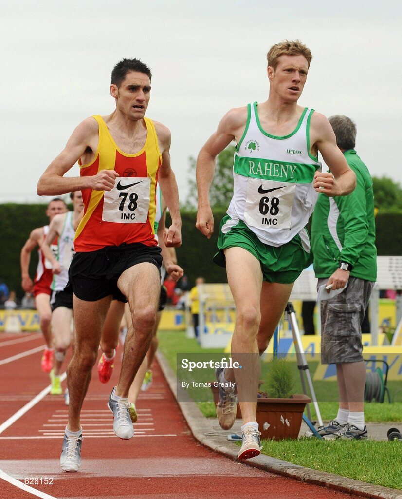 2 June 2012; Kevin Moriarty, right, Raheny Shamrock A.C, Dublin, and Thomas Fitzpatrick, Tallaght A.C, Dublin, in action during the IMC Mens 1500m event at the Aviva All Ireland Schools’ Track and Field Championships 2012. Tullamore Harriers AC, Tullamore, Co. Offaly. Picture credit: Tomas Greally / SPORTSFILE