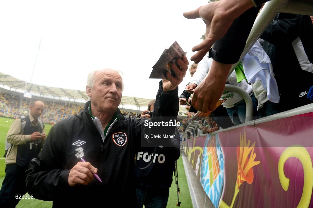 5 June 2012; Republic of Ireland manager Giovanni Trapattoni signs autographs for the spectators during squad training ahead of UEFA EURO 2012 which begins on June 8th. Republic of Ireland EURO2012 Squad Training, Arka Stadium, Gdynia, Poland. Picture credit: David Maher / SPORTSFILE