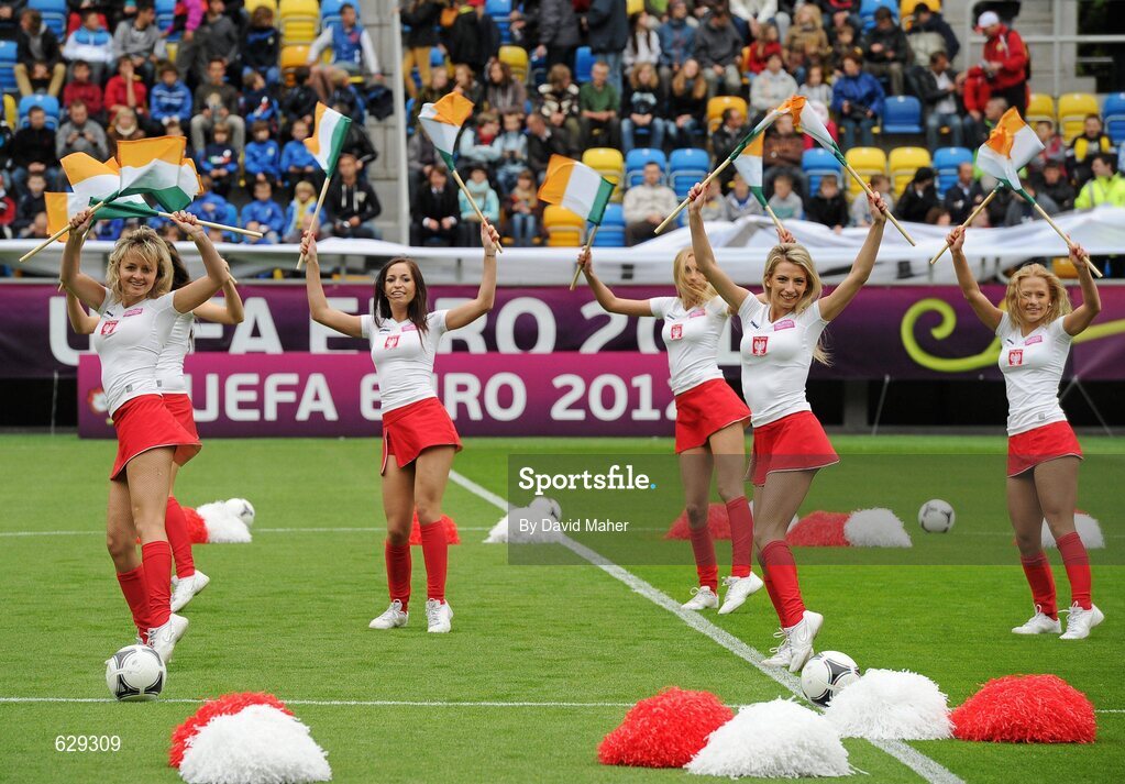 5 June 2012; Cheerleaders dance for the large crowd before the Republic of Ireland squad training ahead of UEFA EURO 2012 which begins on June 8th. Republic of Ireland EURO2012 Squad Training, Arka Stadium, Gdynia, Poland. Picture credit: David Maher / SPORTSFILE