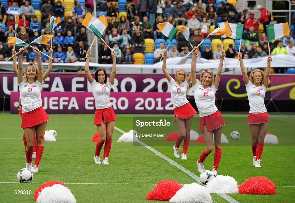 5 June 2012; Cheerleaders dance for the large crowd before the Republic of Ireland squad training ahead of UEFA EURO 2012 which begins on June 8th. Republic of Ireland EURO2012 Squad Training, Arka Stadium, Gdynia, Poland. Picture credit: David Maher / SPORTSFILE