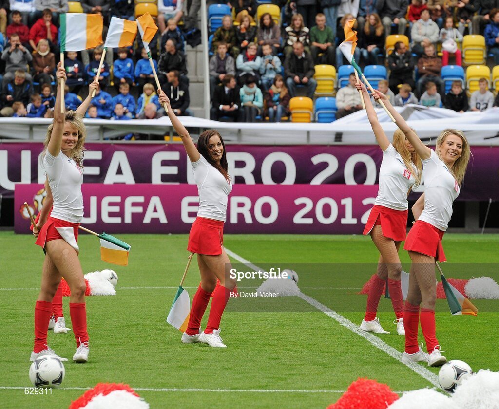 5 June 2012; Cheerleaders dance for the large crowd before the Republic of Ireland squad training ahead of UEFA EURO 2012 which begins on June 8th. Republic of Ireland EURO2012 Squad Training, Arka Stadium, Gdynia, Poland. Picture credit: David Maher / SPORTSFILE