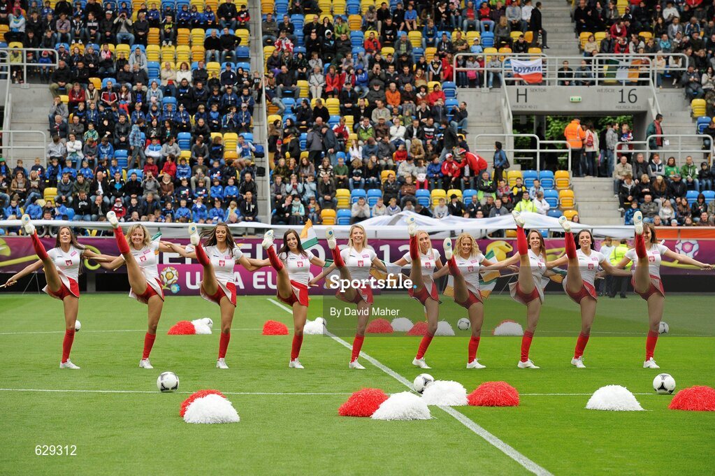 5 June 2012; Cheerleaders dance for the large crowd before the Republic of Ireland squad training ahead of UEFA EURO 2012 which begins on June 8th. Republic of Ireland EURO2012 Squad Training, Arka Stadium, Gdynia, Poland. Picture credit: David Maher / SPORTSFILE