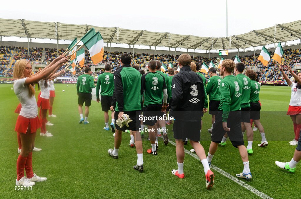 5 June 2012; Cheerleaders greet the Republic of Ireland squad as they are introduced to the large crowd before training ahead of UEFA EURO 2012 which begins on June 8th. Republic of Ireland EURO2012 Squad Training, Arka Stadium, Gdynia, Poland. Picture credit: David Maher / SPORTSFILE