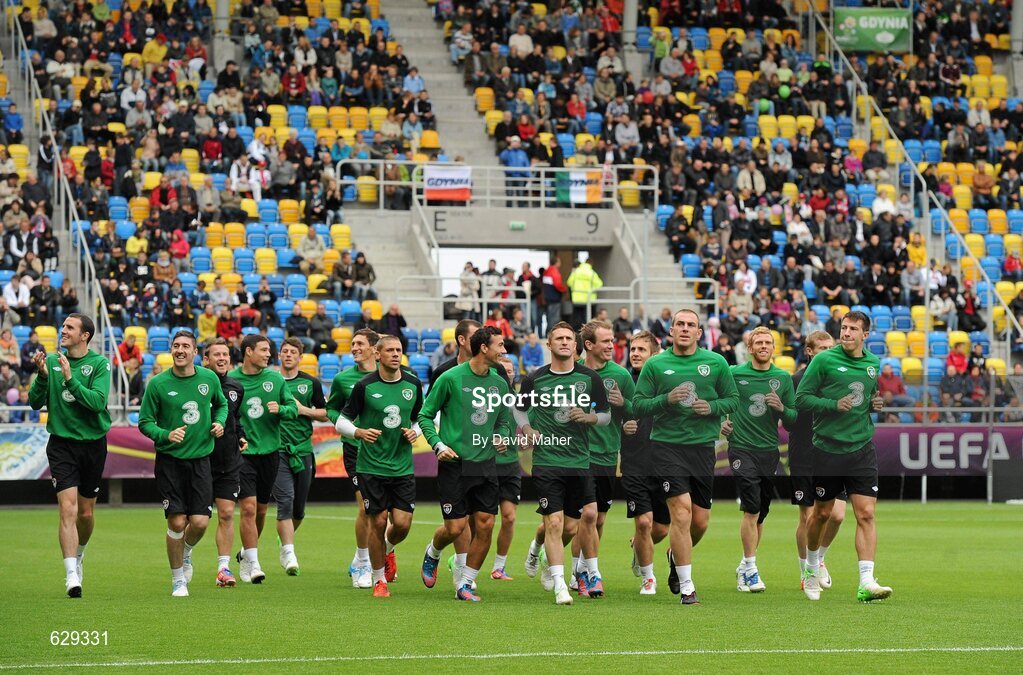 5 June 2012; Republic of Ireland squad jog around the pitch during squad training ahead of UEFA EURO 2012 which begins on June 8th. Republic of Ireland EURO2012 Squad Training, Arka Stadium, Gdynia, Poland. Picture credit: David Maher / SPORTSFILE