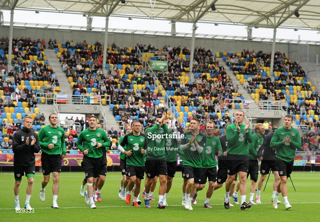 5 June 2012; Republic of Ireland squad jog around the pitch during squad training ahead of UEFA EURO 2012 which begins on June 8th. Republic of Ireland EURO2012 Squad Training, Arka Stadium, Gdynia, Poland. Picture credit: David Maher / SPORTSFILE