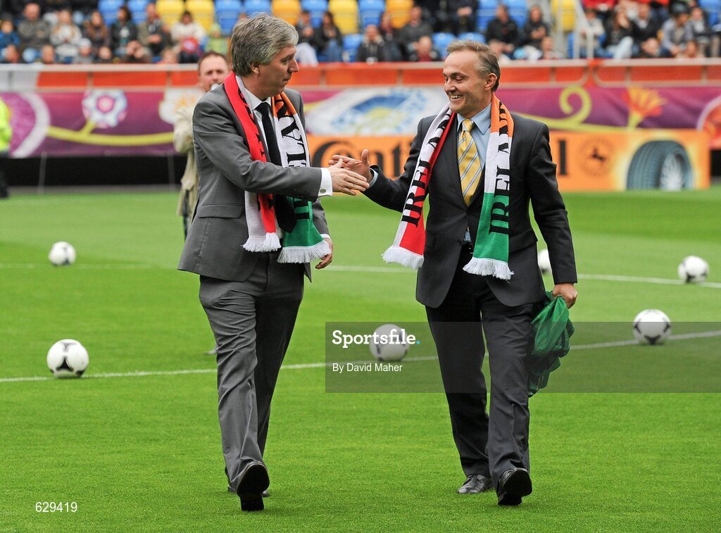 5 June 2012; FAI Chief Executive John Delaney, left, with Mayor of Gdynia, Wojciech Szczurek before the Republic of Ireland squad was introduced to the large crowd before squad training ahead of UEFA EURO 2012 which begins on June 8th. Republic of Ireland EURO2012 Squad Training, Arka Stadium, Gdynia, Poland. Picture credit: David Maher / SPORTSFILE
