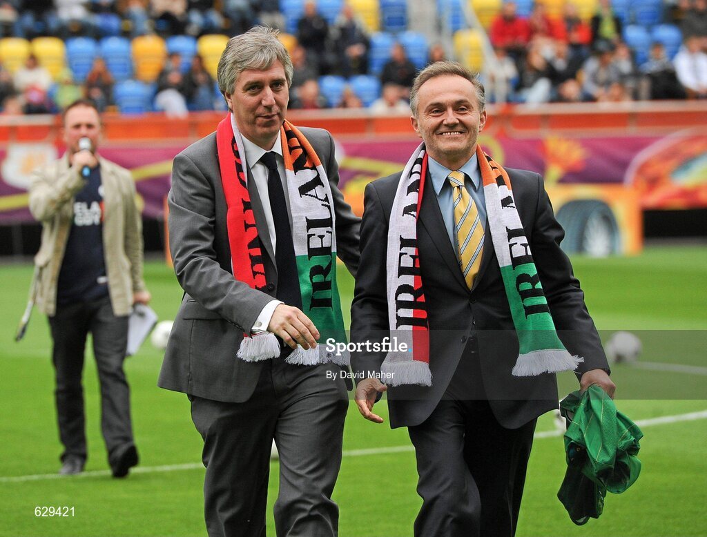 5 June 2012; FAI Chief Executive John Delaney, left, with Mayor of Gdynia, Wojciech Szczurek before the Republic of Ireland squad was introduced to the large crowd before squad training ahead of UEFA EURO 2012 which begins on June 8th. Republic of Ireland EURO2012 Squad Training, Arka Stadium, Gdynia, Poland. Picture credit: David Maher / SPORTSFILE