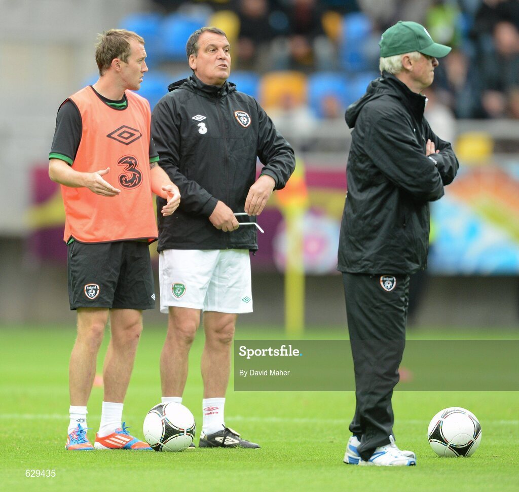 5 June 2012; Republic of Ireland's Aiden McGeady, left, with assistant manager Marco Tardelli and manager Giovanni Trapattoni, right,  during squad training ahead of UEFA EURO 2012 which begins on June 8th. Republic of Ireland EURO2012 Squad Training, Arka Stadium, Gdynia, Poland. Picture credit: David Maher / SPORTSFILE
