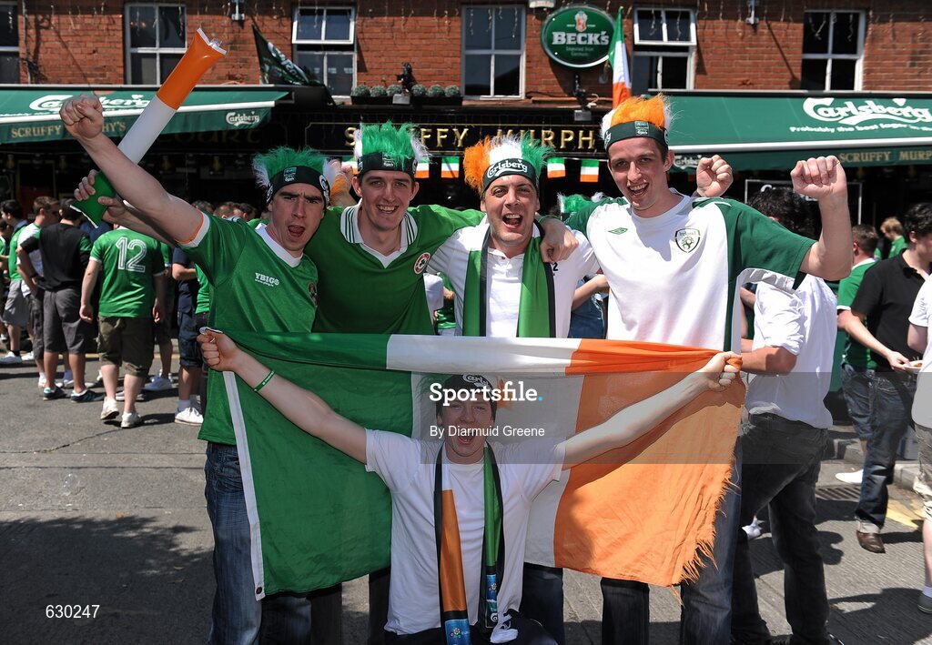 26 May 2012; Republic of Ireland supporters, from left to right, Chris Tierney, Kieran Quinn, Mark Duffy, Jonathan Quinn, Garreth McConville, all from South Armagh, ahead of the game. Senior International Friendly, Republic of Ireland v Bosnia & Herzegovina, Aviva Stadium, Lansdowne Road, Dublin. Picture credit: Diarmuid Greene / SPORTSFILE