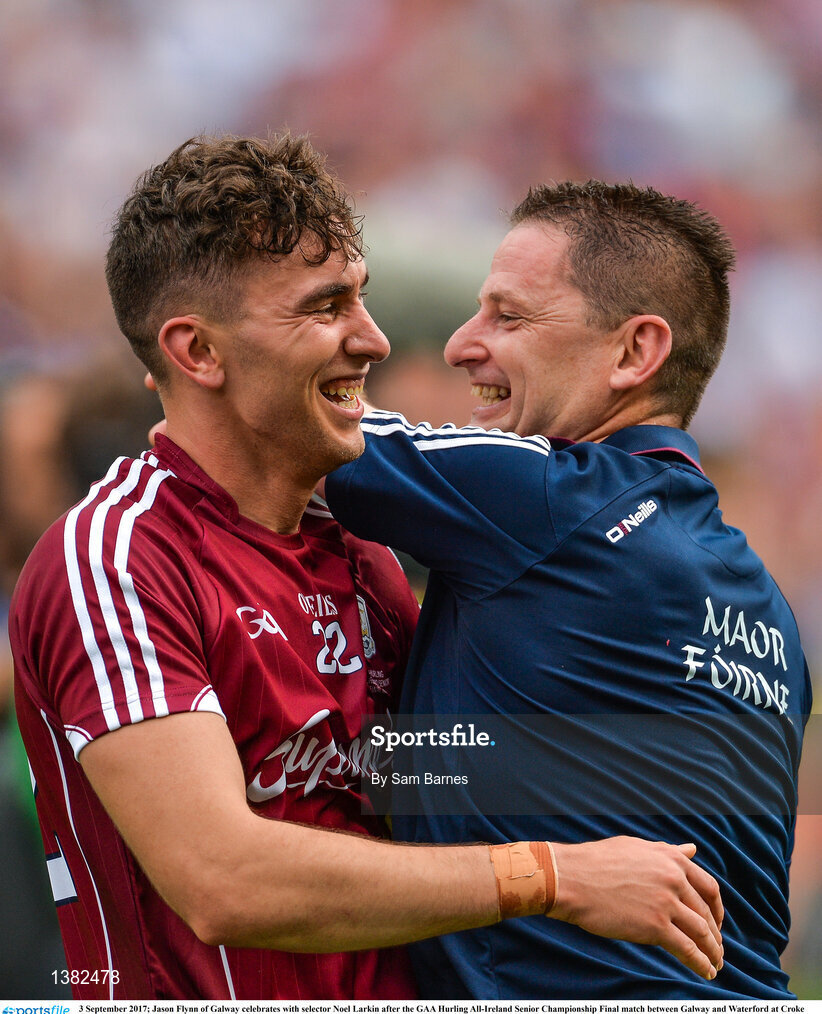 3 September 2017; Jason Flynn of Galway celebrates with selector Noel Larkin after the GAA Hurling All-Ireland Senior Championship Final match between Galway and Waterford at Croke Park in Dublin. Photo by Sam Barnes/Sportsfile