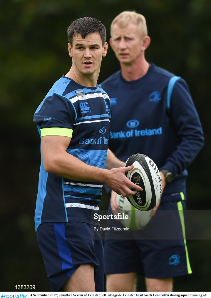 4 September 2017; Jonathan Sexton of Leinster, left, alongside Leinster head coach Leo Cullen during squad training at the UCD in Belfield, Dublin. Photo by David Fitzgerald/Sportsfile