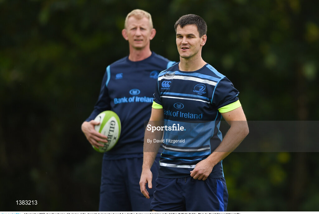 4 September 2017; Jonathan Sexton of Leinster, right, alongside Leinster head coach Leo Cullen during squad training at the UCD in Belfield, Dublin. Photo by David Fitzgerald/Sportsfile