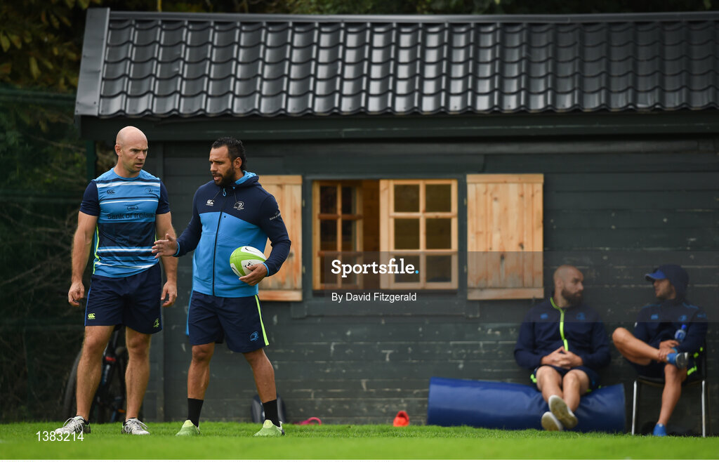 4 September 2017; Isa Nacewa of Leinster speaks with Elite Player Development Officer Hugh Hogan during squad training at the UCD in Belfield, Dublin. Photo by David Fitzgerald/Sportsfile