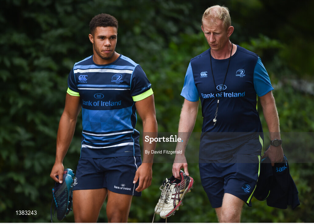 4 September 2017; Adam Byrne of Leinster arrives to training alongside head coach Leo Cullen during squad training at the UCD in Belfield, Dublin. Photo by David Fitzgerald/Sportsfile