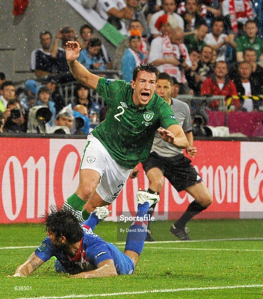 10 June 2012; Sean St. Ledger, Republic of Ireland, turns to celebrate after scoring his side's equalising goal after 19 minutes. EURO2012, Group C, Republic of Ireland v Croatia, Municipal Stadium Poznan, Poznan, Poland. Picture credit: David Maher / SPORTSFILE