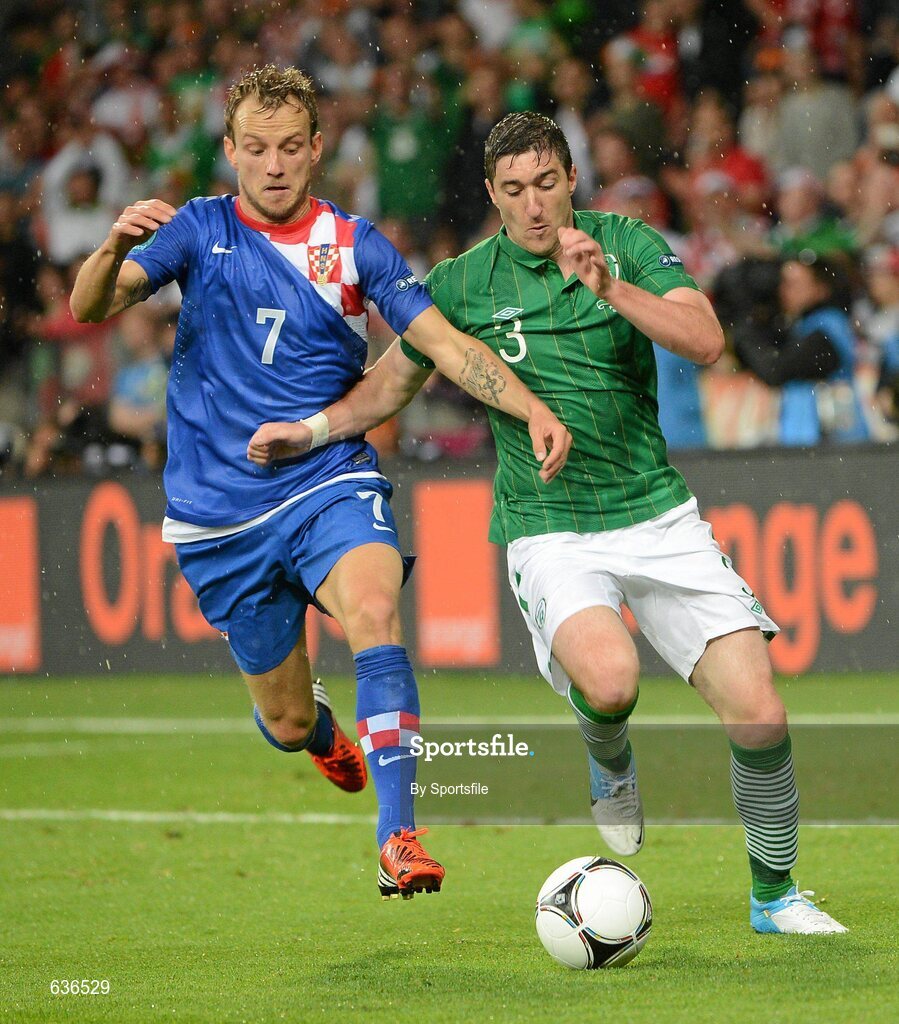 10 June 2012; Stephen Ward, Republic of Ireland, in action against Ivan Rakitic, Croatia. EURO2012, Group C, Republic of Ireland v Croatia, Municipal Stadium Poznan, Poznan, Poland. Photo by Sportsfile