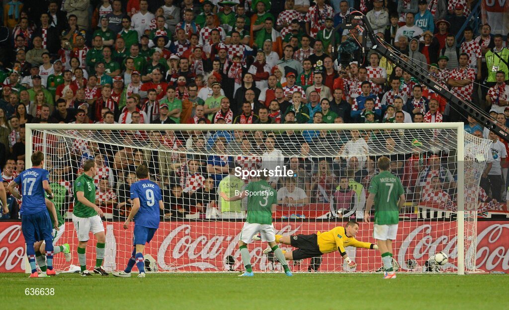 10 June 2012; Republic of Ireland goalkeeper Shay Given is beaten by Mario Mandžukic, left, Croatia, to score his side's third goal. EURO2012, Group C, Republic of Ireland v Croatia, Municipal Stadium Poznan, Poznan, Poland. Photo by Sportsfile