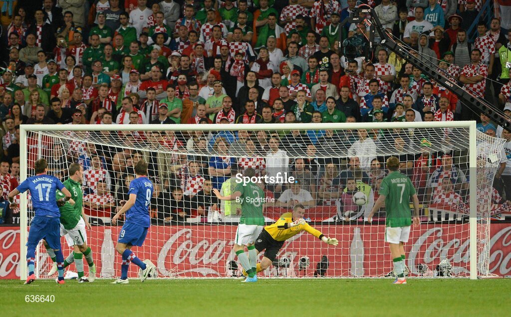 10 June 2012; Republic of Ireland goalkeeper Shay Given is beaten by Mario Mandžukic, 17, Croatia, to score his side's third goal after 48 minutes. EURO2012, Group C, Republic of Ireland v Croatia, Municipal Stadium Poznan, Poznan, Poland. Photo by Sportsfile