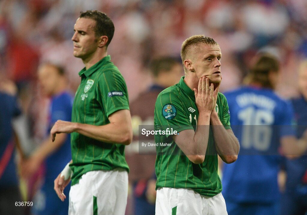10 June 2012; A dejected Damien Duff, right, and John O'Shea, Republic of Ireland, after the game. EURO2012, Group C, Republic of Ireland v Croatia, Municipal Stadium Poznan, Poznan, Poland. Picture credit: David Maher / SPORTSFILE