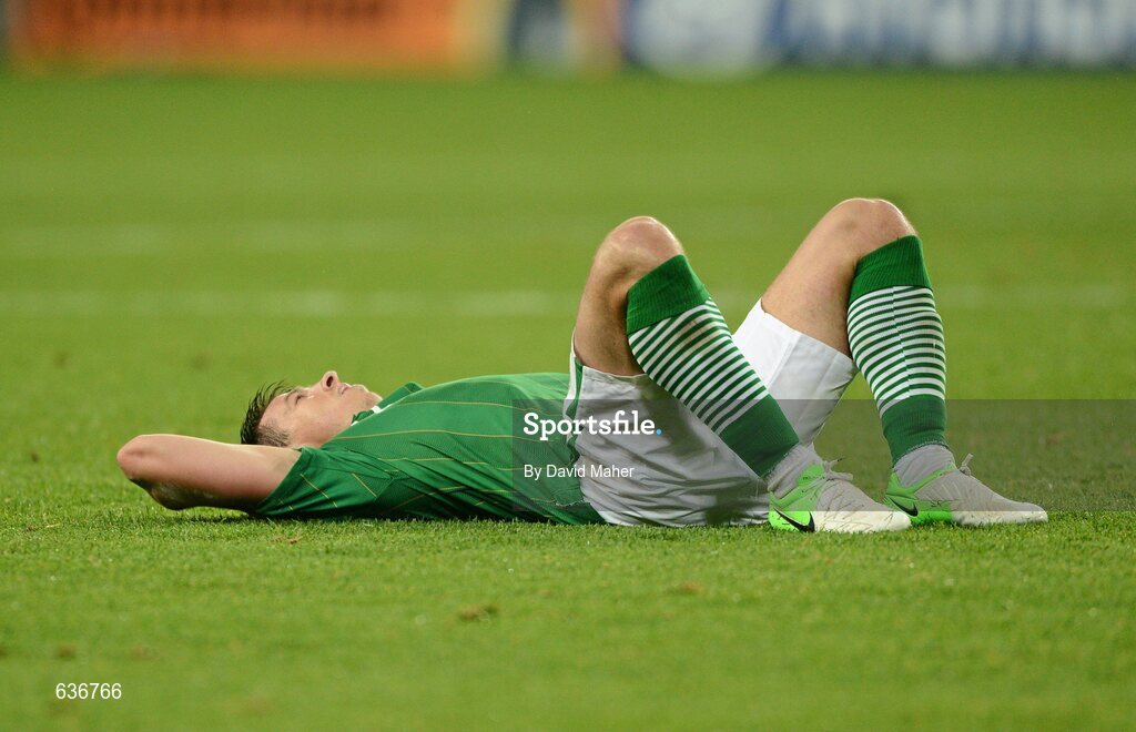 10 June 2012; A dejected Sean St. Ledger, Republic of Ireland, after the game. EURO2012, Group C, Republic of Ireland v Croatia, Municipal Stadium Poznan, Poznan, Poland. Picture credit: David Maher / SPORTSFILE