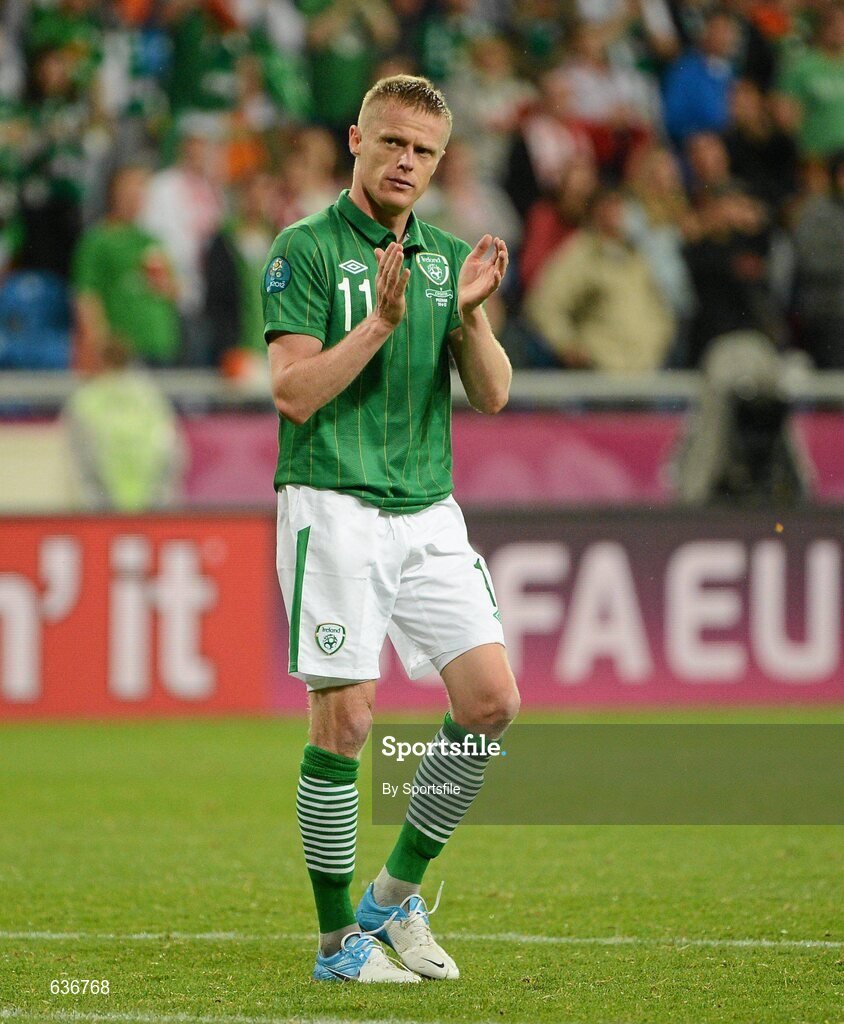 10 June 2012; Damien Duff, Republic of Ireland, applauds the crowd after the game. EURO2012, Group C, Republic of Ireland v Croatia, Municipal Stadium Poznan, Poznan, Poland. Photo by Sportsfile