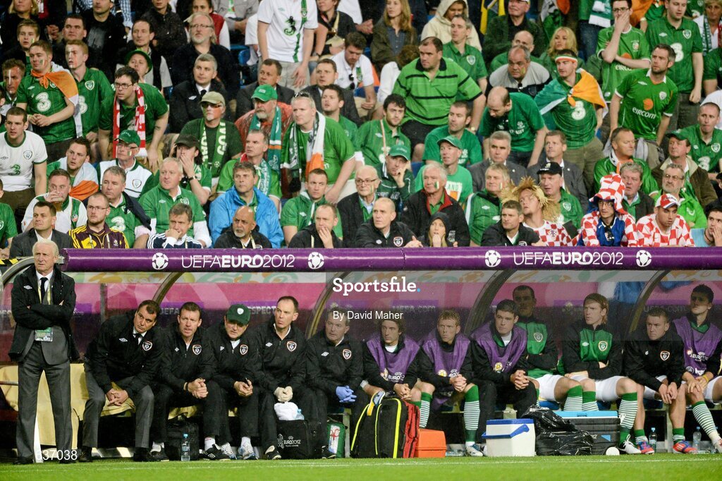 10 June 2012; Republic of Ireland manager Giovanni Trapattoni, along with players and staff, look on during the game. EURO2012, Group C, Republic of Ireland v Croatia, Municipal Stadium Poznan, Poznan, Poland. Picture credit: David Maher / SPORTSFILE