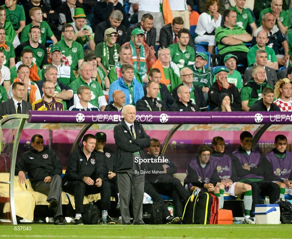 10 June 2012; Republic of Ireland manager Giovanni Trapattoni, along with players and staff, look on during the game. EURO2012, Group C, Republic of Ireland v Croatia, Municipal Stadium Poznan, Poznan, Poland. Picture credit: David Maher / SPORTSFILE