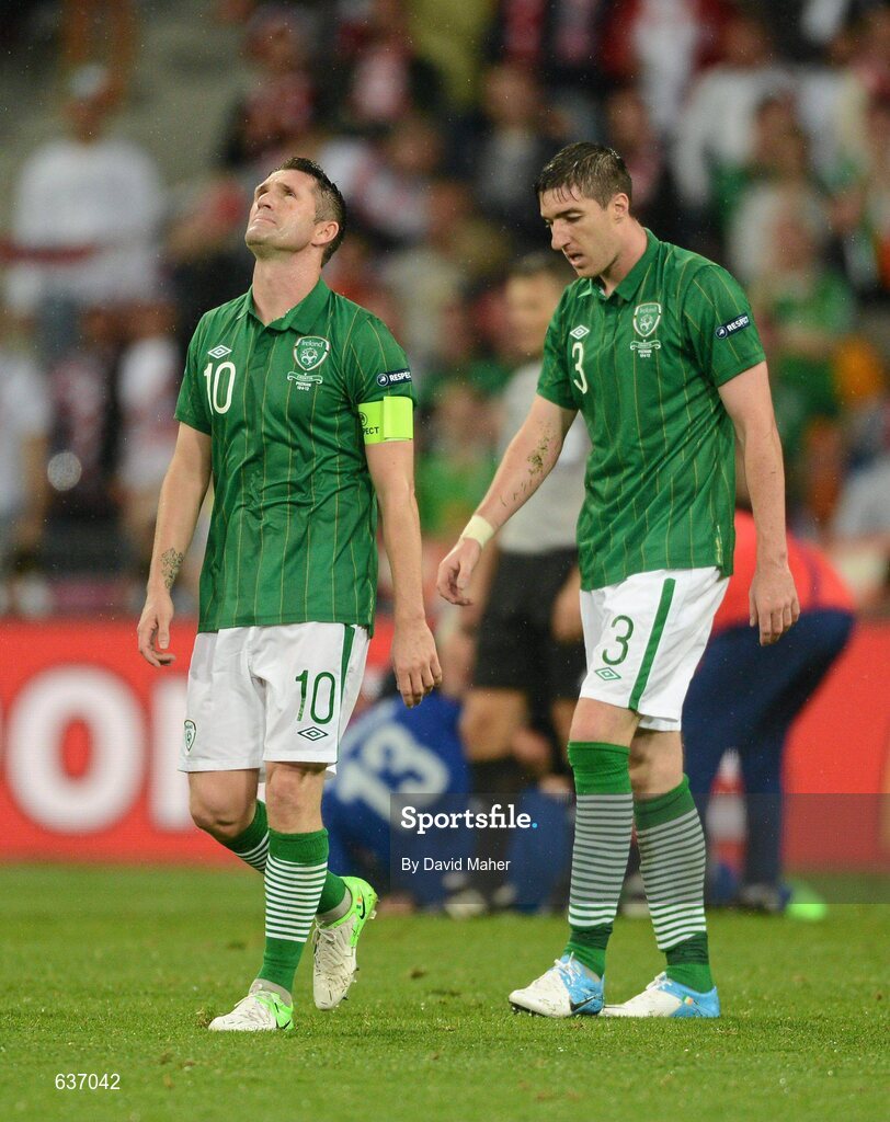 10 June 2012; A dejected Robbie Keane, left, and Stephen Ward, Republic of Ireland, after Croatia's Mario Mandzukic had scored his side's first goal. EURO2012, Group C, Republic of Ireland v Croatia, Municipal Stadium Poznan, Poznan, Poland. Picture credit: David Maher / SPORTSFILE