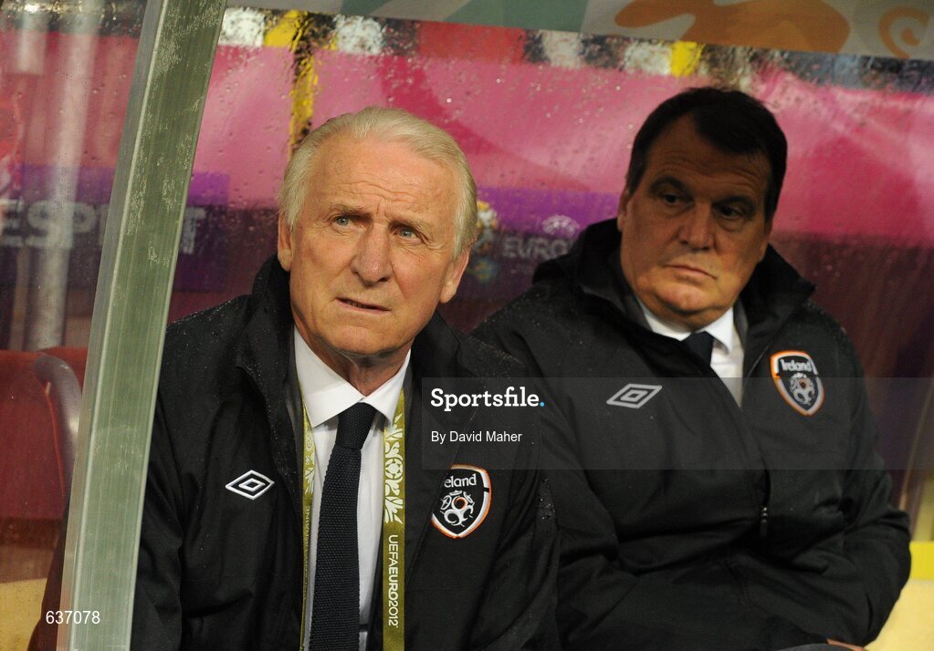 10 June 2012; Republic of Ireland manager Giovanni Trapattoni, left, and assistant manager Marco Tardelli before the start of the game. EURO2012, Group C, Republic of Ireland v Croatia, Municipal Stadium Poznan, Poznan, Poland. Picture credit: David Maher / SPORTSFILE