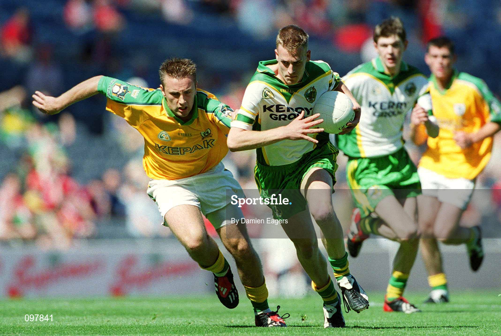 25 August 2002; Cathal MacGearailt of Kerry is tackled by Sean Stephens of Meath during the All-Ireland Minor Football Championship Semi-Final match between Meath and Kerry at Croke Park in Dublin. Photo by Damien Eagers/Sportsfile
