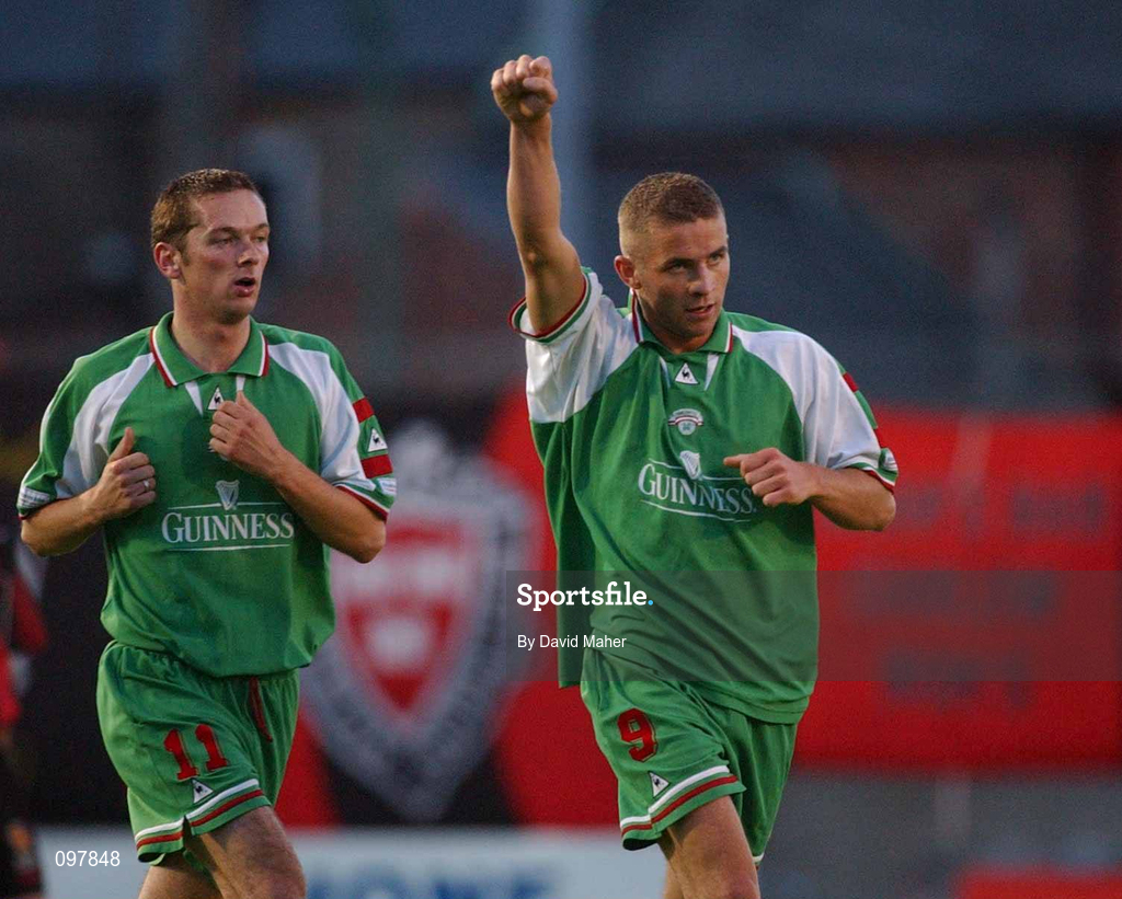 30 August 2002; John O'Flynn of Cork City celebrates with team-mate Billy Woods after scoring his side's first goal during the eircom League Premier Division match between Bohemians and Cork City at Dalymount Park in Dublin. Photo by David Maher/Sportsfile