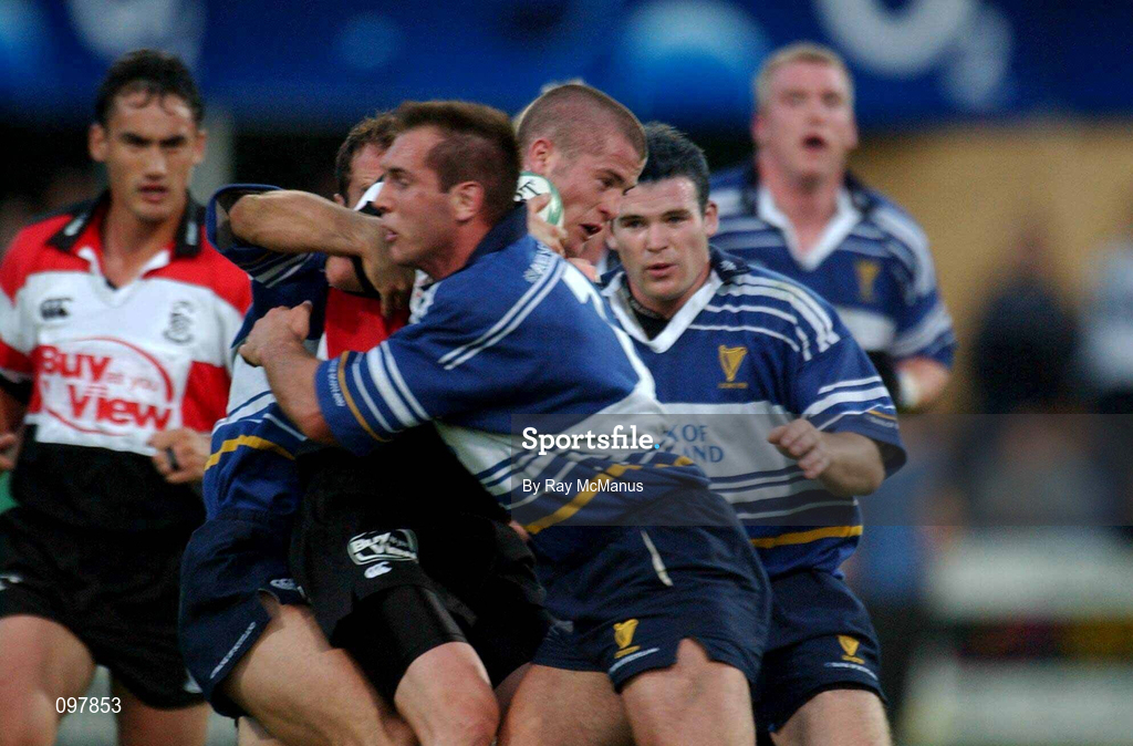 30 August 2002; Ceri Sweeney of Pontypridd is tackled by Keith Gleeson of Leinster during the Celtic League Pool B match between Leinster and Pontypridd at Donnybrook Stadium in Dublin. Photo by Ray McManus/Sportsfile