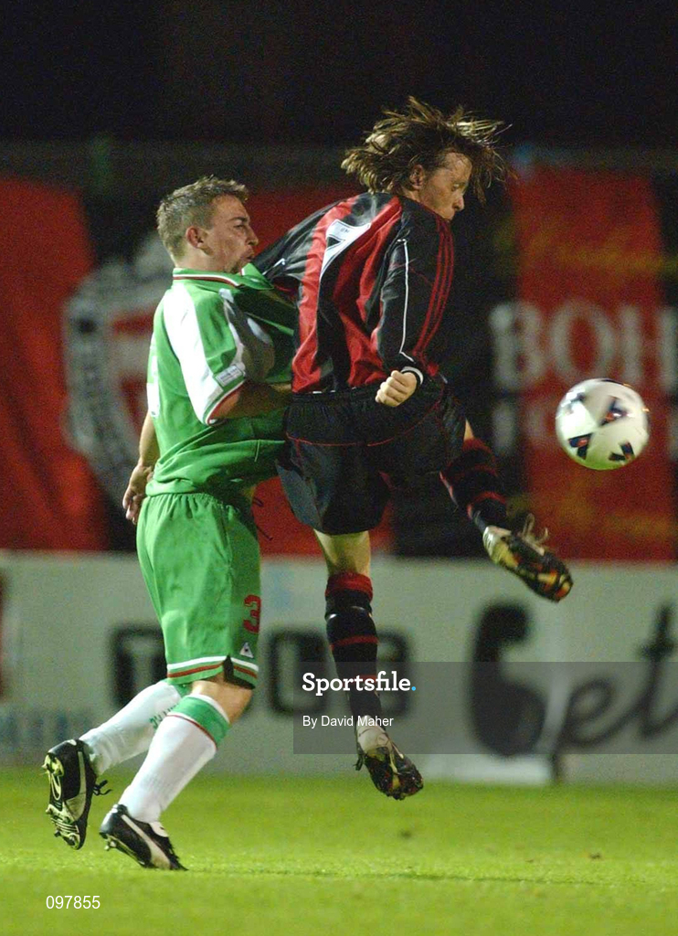 30 August 2002; Bobby Ryan of Bohemians in action against Alan Reynolds of Cork City during the eircom League Premier Division match between Bohemians and Cork City at Dalymount Park in Dublin. Photo by David Maher/Sportsfile