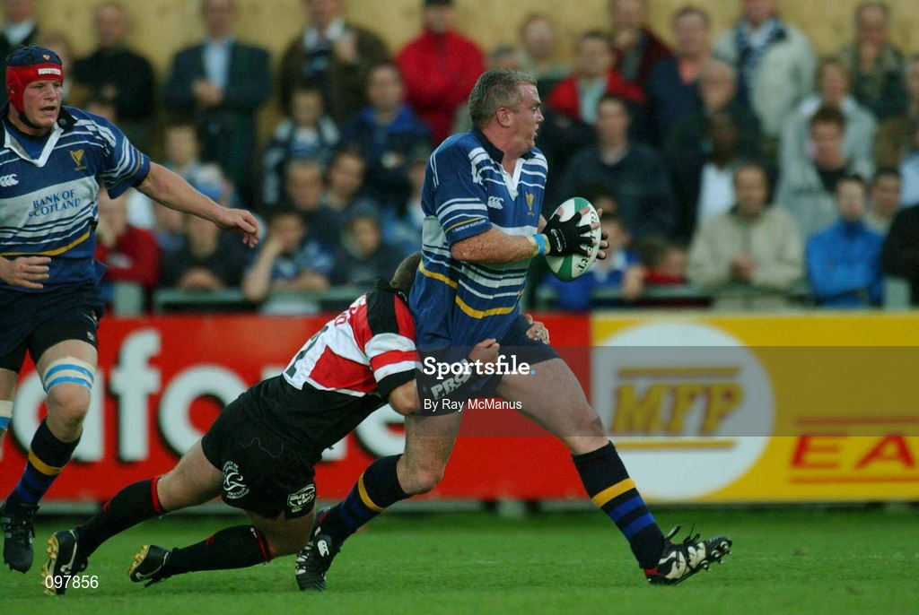 30 August 2002; Victor Costello of Leinster is tackled by Jonathan Bryant of Pontypridd during the Celtic League Pool B match between Leinster and Pontypridd at Donnybrook Stadium in Dublin. Photo by Ray McManus/Sportsfile
