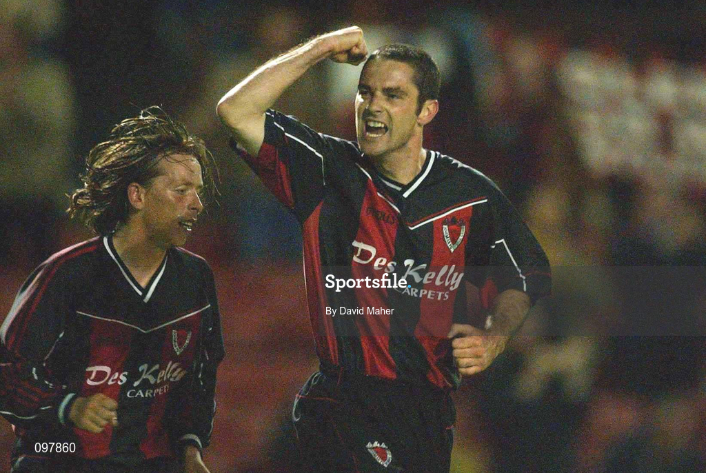 30 August 2002; Paul McNally of Bohemians celebrates after scoring his side's goal during the eircom League Premier Division match between Bohemians and Cork City at Dalymount Park in Dublin. Photo by David Maher/Sportsfile