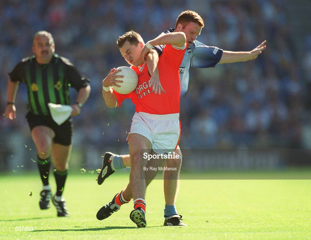 1 September 2002; Paddy McKeever of Armagh in action against Peadar Andrews of Dublin during the Bank of Ireland All-Ireland Senior Football Championship Semi-Final match between Armagh and Dublin at Croke Park in Dublin. Photo by Ray McManus/Sportsfile
