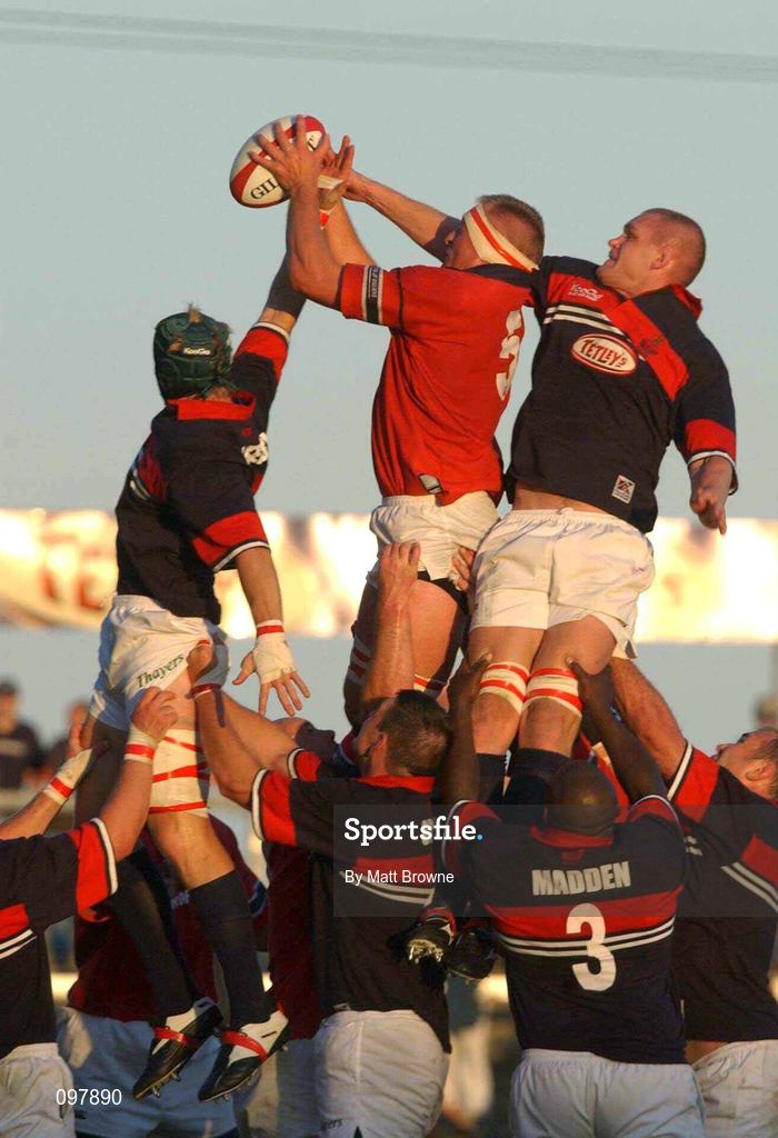 31 August 2002; Mick O'Driscoll of Munster wins possession in the lineout from Vernon Cooper, left, and Paul Claphamag of Llanelli during the Celtic League Pool A match between Llanelli and Munster at Stradey Park in Llanelli, Wales. Photo by Matt Browne/Sportsfile