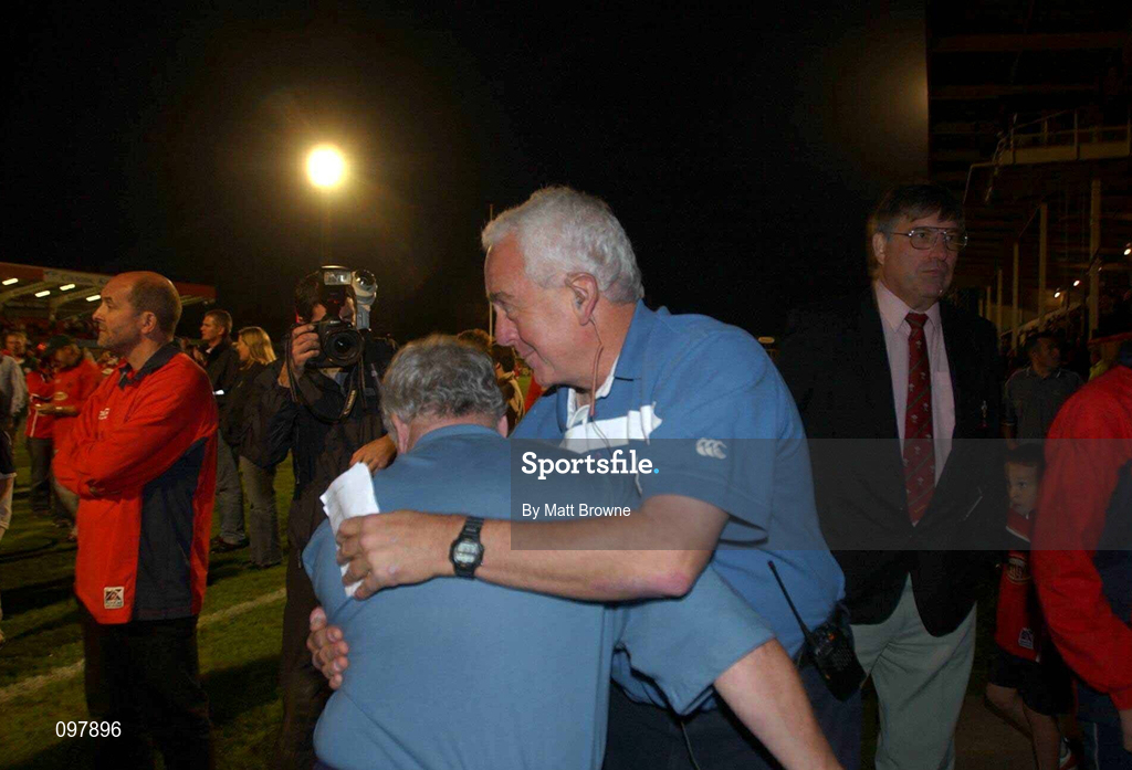 31 August 2002; Munster coach Alan Gaffney, left, is congratulated by team doctor Len Harty following their victory in the Celtic League Pool A match between Llanelli and Munster at Stradey Park in Llanelli, Wales. Photo by Matt Browne/Sportsfile