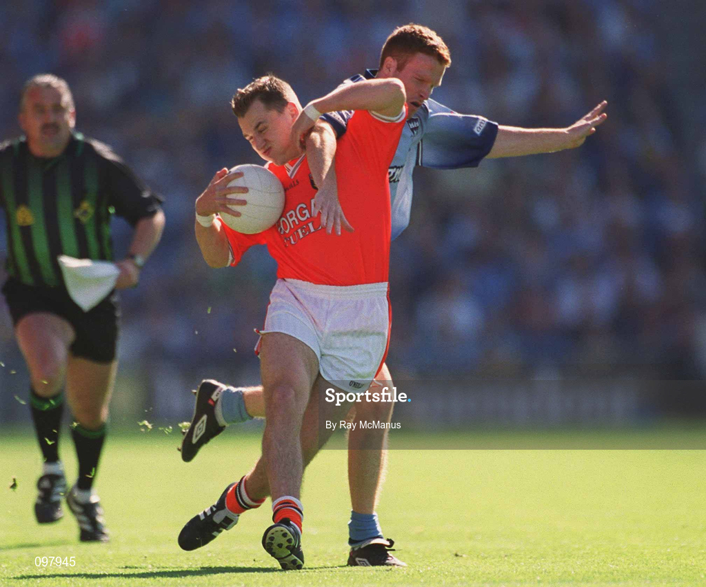 1 September 2002; Paddy McKeever of Armagh in action against Peadar Andrews of Dublin during the Bank of Ireland All-Ireland Senior Football Championship Semi-Final match between Armagh and Dublin at Croke Park in Dublin. Photo by Ray McManus/Sportsfile