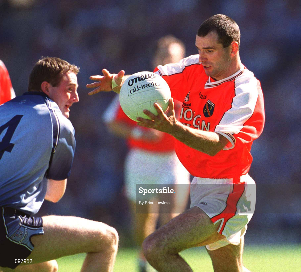 1 September 2002; Steven McDonnell of Armagh in action against Coman Goggins of Dublin during the Bank of Ireland All-Ireland Senior Football Championship Semi-Final match between Armagh and Dublin at Croke Park in Dublin. Photo by Brian Lawless/Sportsfile