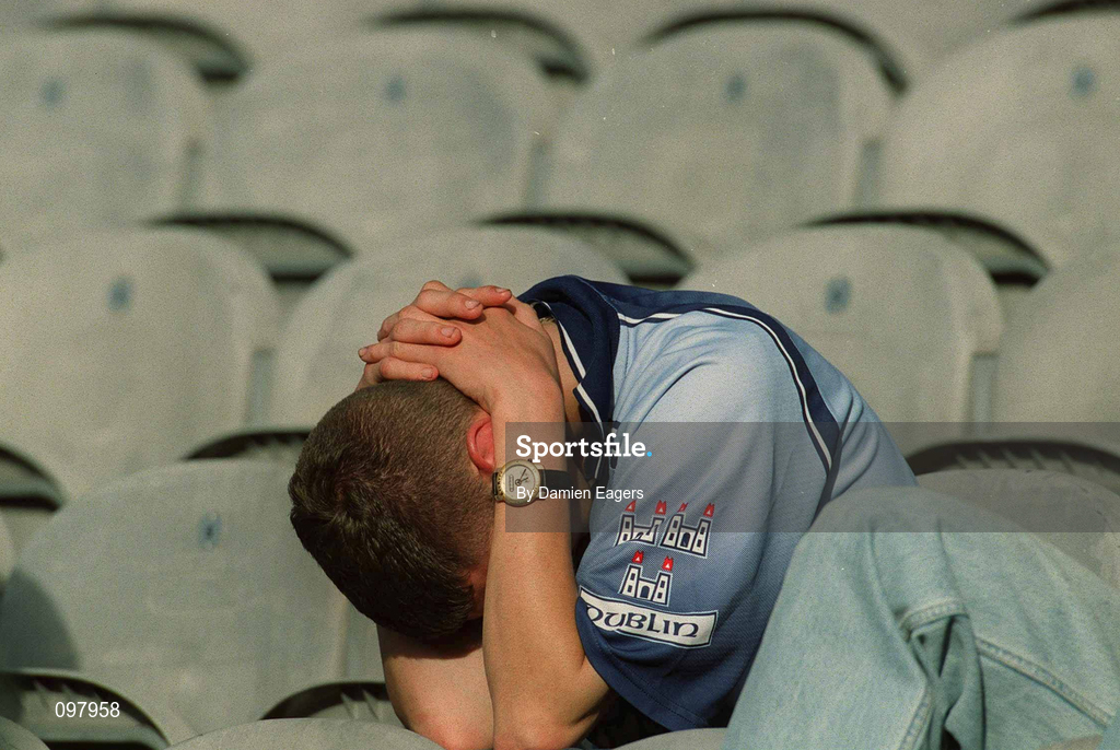 1 September 2002; A dejected Dublin supporter following his side's defeat in the Bank of Ireland All-Ireland Senior Football Championship Semi-Final match between Armagh and Dublin at Croke Park in Dublin. Photo by Damien Eagers/Sportsfile