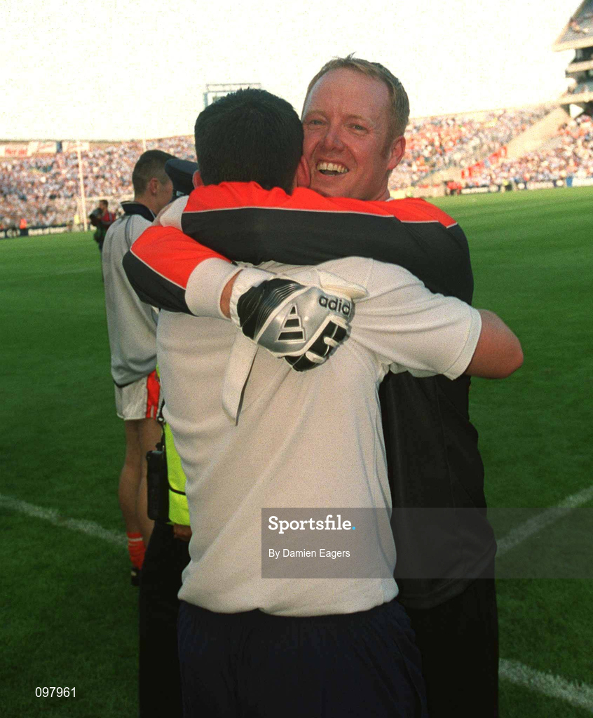 1 September 2002; Armagh goalkeeper Brendan Tierney celebrates his side's victory in the Bank of Ireland All-Ireland Senior Football Championship Semi-Final match between Armagh and Dublin at Croke Park in Dublin. Photo by Damien Eagers/Sportsfile