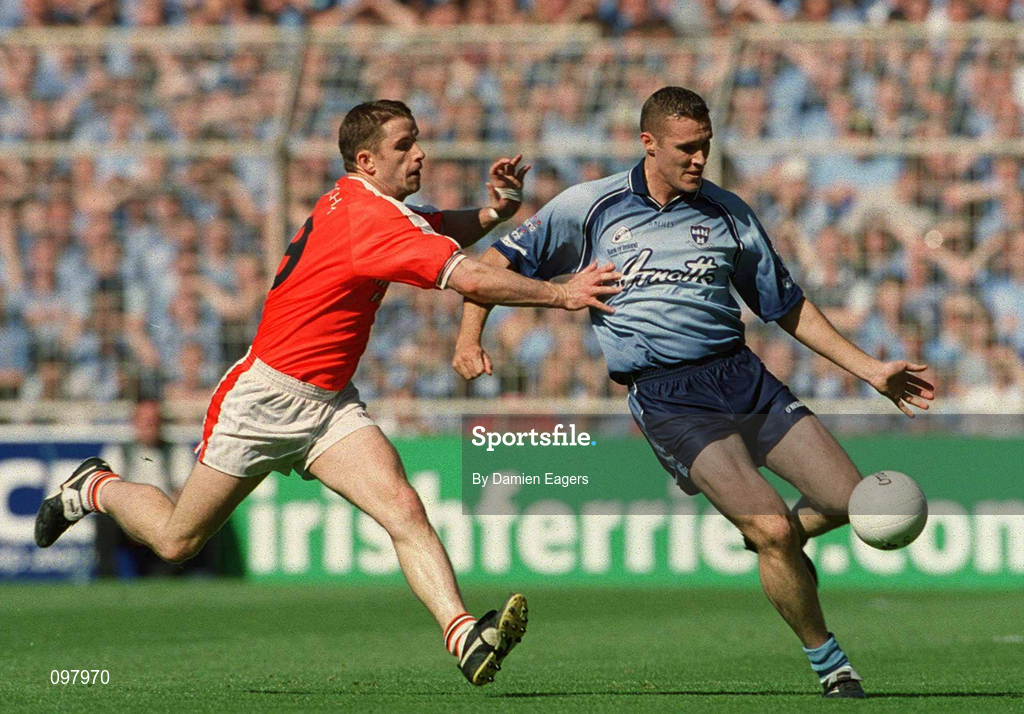 1 September 2002; Ciaran Whelan of Dublin in action against Paul McGrane of Armagh during the Bank of Ireland All-Ireland Senior Football Championship Semi-Final match between Armagh and Dublin at Croke Park in Dublin. Photo by Damien Eagers/Sportsfile