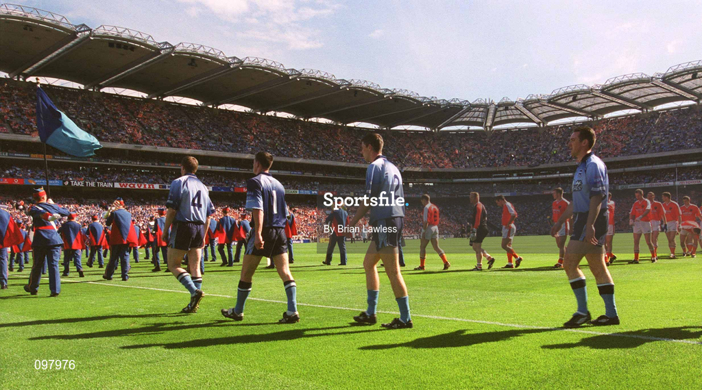 1 September 2002; The Dublin and Armagh teams take part in the pre-match parade prior to the Bank of Ireland All-Ireland Senior Football Championship Semi-Final match between Armagh and Dublin at Croke Park in Dublin. Photo by Brian Lawless/Sportsfile