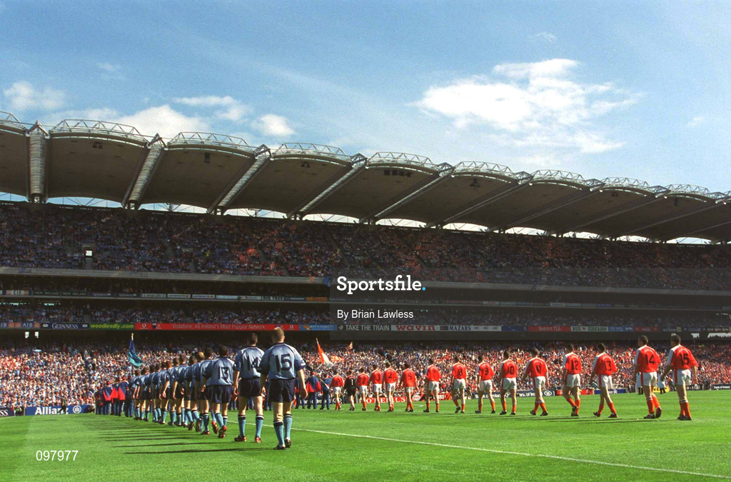 1 September 2002; The Dublin and Armagh teams take part in the pre-match parade prior to the Bank of Ireland All-Ireland Senior Football Championship Semi-Final match between Armagh and Dublin at Croke Park in Dublin. Photo by Brian Lawless/Sportsfile