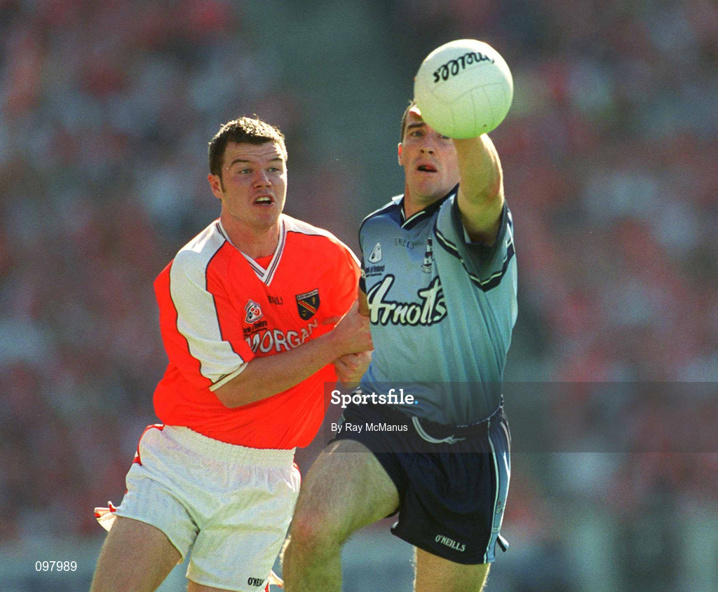 1 September 2002; Paddy Christie of Dublin is tackled by Ronan Clarke of Armagh during the Bank of Ireland All-Ireland Senior Football Championship Semi-Final match between Armagh and Dublin at Croke Park in Dublin. Photo by Ray McManus/Sportsfile