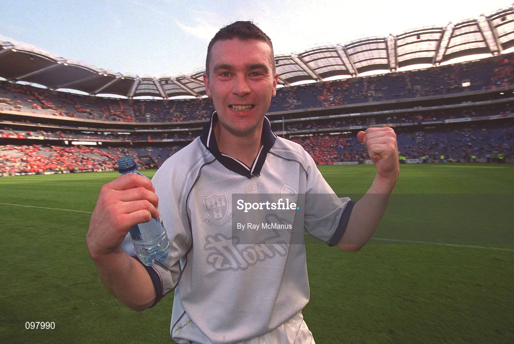 1 September 2002; Armagh's Oisin McConville celebrates their victory in the Bank of Ireland All-Ireland Senior Football Championship Semi-Final match between Armagh and Dublin at Croke Park in Dublin. Photo by Ray McManus/Sportsfile