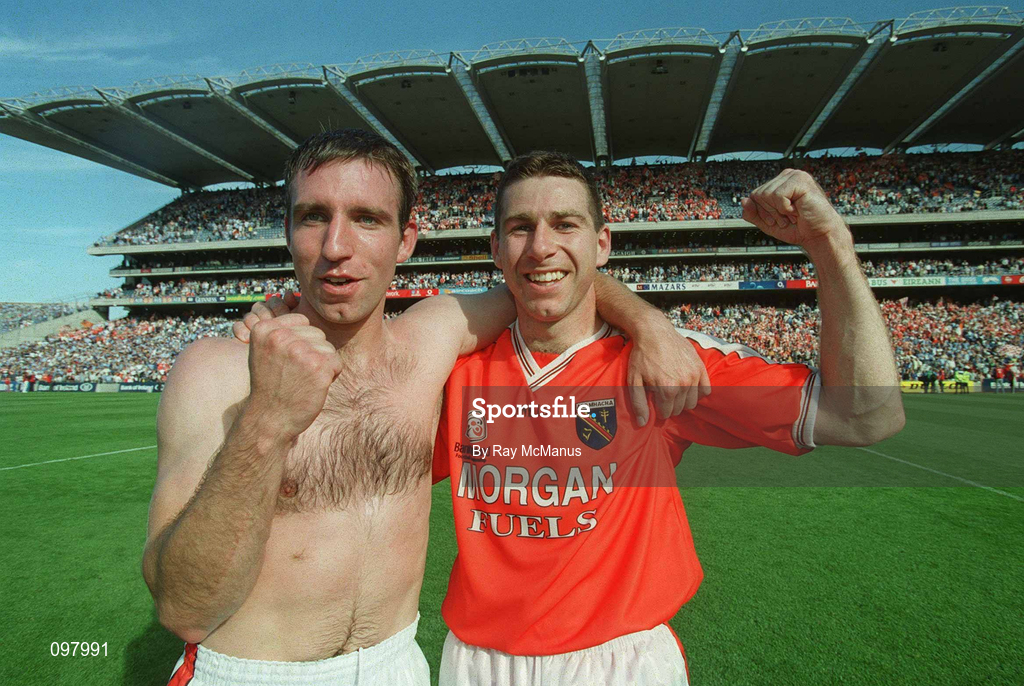 1 September 2002; Armagh players Diarmuid Marsden, right, and Enda McNulty celebrate their victory in the Bank of Ireland All-Ireland Senior Football Championship Semi-Final match between Armagh and Dublin at Croke Park in Dublin. Photo by Ray McManus/Sportsfile